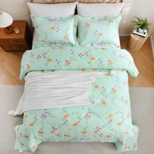 Miniatura 8 de Juego de ropa de cama JSD de microfibra con estampado floral verde, tamaño Queen, 3 piezas, edredón alternativo ligero para todas las estaciones