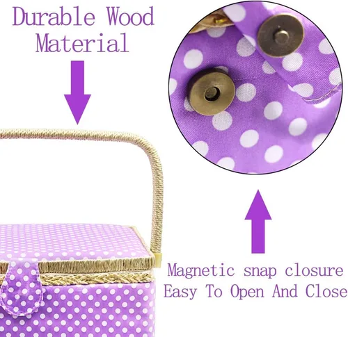 Miniatura 4 de Cesta de costura grande con accesorios, caja organizadora de costura de madera para suministros de costura y almacenamiento de herramientas de Morado