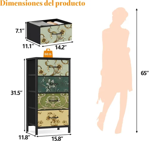 Miniatura 3 de Furnulem Cómoda de 4 cajones, mesita de noche vertical para niños, adultos, cómoda de tela para dormitorio, sala de estar, armario, guardería