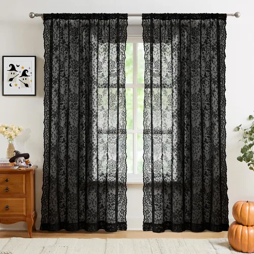 Jubilantex Cortinas traslúcidas de encaje negro de punto floral con borde festoneado 95 pulgadas de largo, cortinas filtrantes de luz para sala de