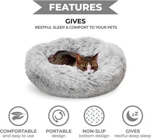 Miniatura 3 de Whiskers & Friends Camas para gatos de interior, cama mullida y calmante para gatos con forma de dona, cama para perros pequeños lavable, camas Gris