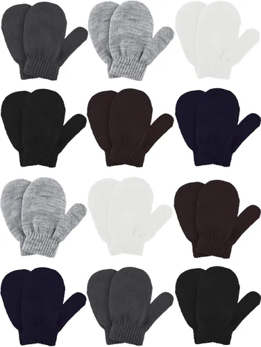 Boao Paquete de 12 pares de manoplas para niños pequeños, paquete de guantes de punto de invierno para niños y niñas
