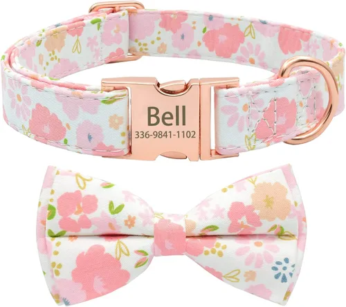 Miniatura 11 de Collar de perro con bonito lazo personalizado con nombre, collar floral personalizado con hebilla dorada grabada para perras pequeñas, medianas