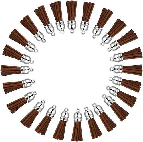 Miniatura 16 de Llavero con borlas de cuero con tapas blancas plateadas, dije de borla para hacer joyas, llavero, pulseras, anillos, manualidades, 30 unidades Negro