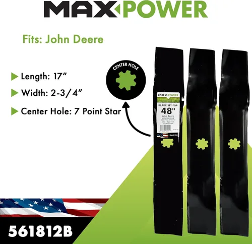 Miniatura 2 de Maxpower 561812B Juego de 3 cuchillas 3-N-1 para corte John Deere de 48 pulgadas, sustituye a AM137757, AM141035, GX21784, GY20852, negro