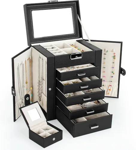 TORIBIO Joyero organizador de joyas con espejo, estuche de almacenamiento de joyas de piel sintética para niñasmujeresmadres, collar y aretes,