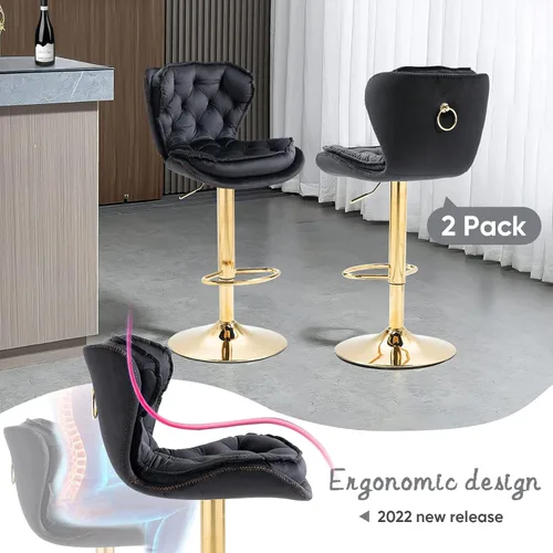 Miniatura 7 de SLEERWAY Juego de 2 taburetes de bar giratorios modernos para mostrador de cocina, sillas de bar de terciopelo, taburetes de bar dorados, taburetes