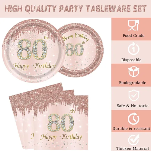 Miniatura 3 de 24 juegos de decoración de fiesta de cumpleaños de oro rosa para mujeres, platos y servilletas para el 80 cumpleaños, tenedores, suministros