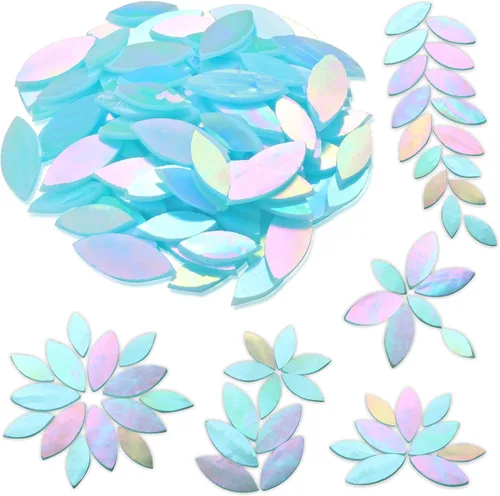 Miniatura 16 de Yoption 100 azulejos de mosaico de pétalos de vidrio iridiscente, cortados a mano, azulejos de mosaico de hojas de flores blancas para manualidades