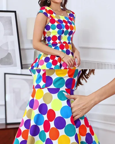 Miniatura 3 de PUKAVT - Vestido de cóctel para mujer, diseño con manga casquillo, vestido de fiesta de estilo retro acampanado de los años 1950, con bolsillos