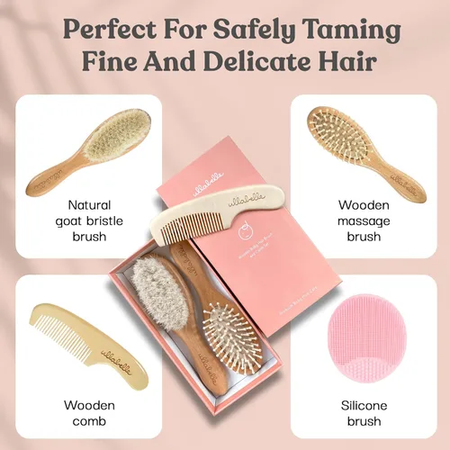 Miniatura 2 de Ullabelle Juego de 4 cepillos y peines de madera para el pelo del bebé para recién nacidos y niños pequeños en caja de regalo elegante, pelo natural