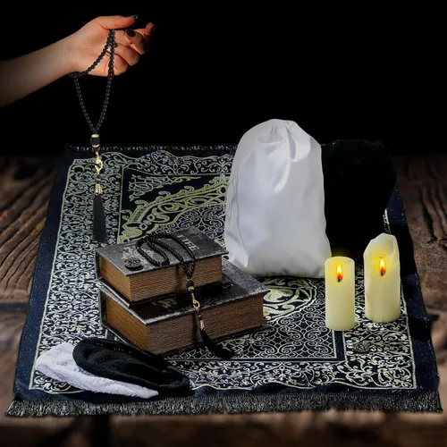 Miniatura 4 de Mindsoft 10 alfombras de oración musulmana islámica con sombreros Kufi, gorra de oración, cuentas de oración musulmanas Tasbih, brújula portátil