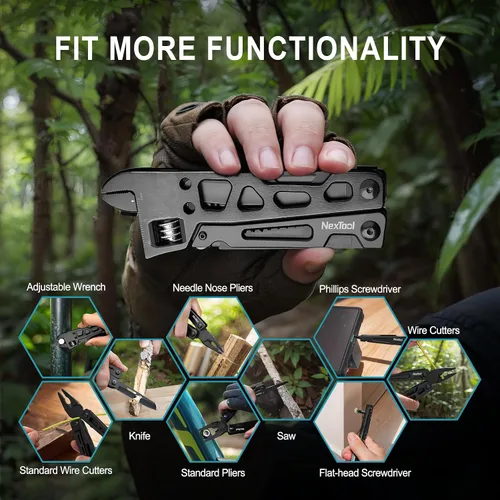 Miniatura 8 de NexTool Llave multiherramienta ajustable, multiherramienta 9 en 1 con alicates multiherramienta, llave ajustable, cuchillo de bolsillo