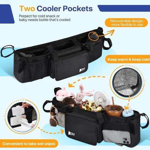 Miniatura 3 de ZZM Organizador de cochecito doble para Bob Duallie y Baby Jogger City Mini GT2, accesorios para cochecito doble con 2 bolsillos enfriadores