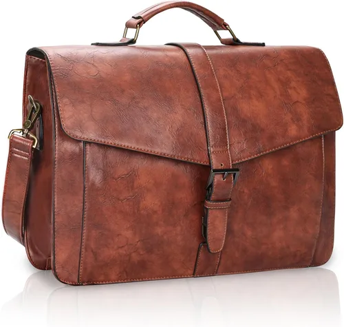 Miniatura 12 de ESTARER Portafolio de cuero para hombres de 15.6 pulgadas, bolsa para computadora portátil para oficina/negocios/viajes, bolsa de hombro grande