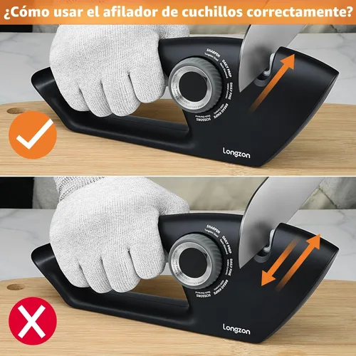Miniatura 4 de Longzon Afilador de cuchillos 5 en 1 de 5 etapas para cuchillos dentados, tijeras con guante resistente a cortes, hojas pulidas originales