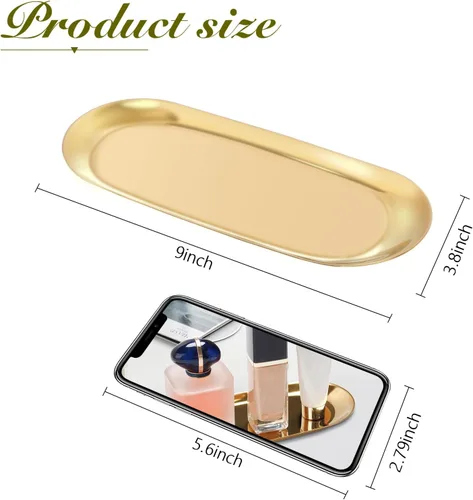 Miniatura 2 de Bandeja de acero inoxidable para toallas/platos, bandejas de almacenamiento de té/frutas, organizador de cosméticos y joyas, dorado, ovalado