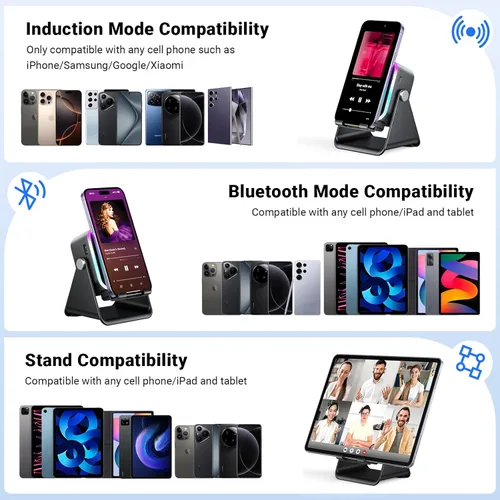 Miniatura 13 de Altavoz de inducción con soporte para teléfono 5 en 1 Audio inalámbrico de inducción Bluetooth para iPhone Android Altavoz con amplificador con luz