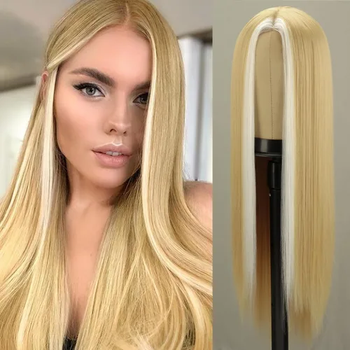 Miniatura 15 de Xinran Pelucas rubias degradadas para mujer, peluca larga y lacia marrón rubia, mezcla de área pequeña, encaje frontal, reemplazo de línea capilar