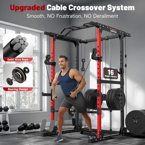 Miniatura 4 de Sportsroyals Jaula de Potencia, Rack de Potencia Multifuncional de 1600 libras con Sistema de Cruce de Cable Ajustable y Más Accesorios