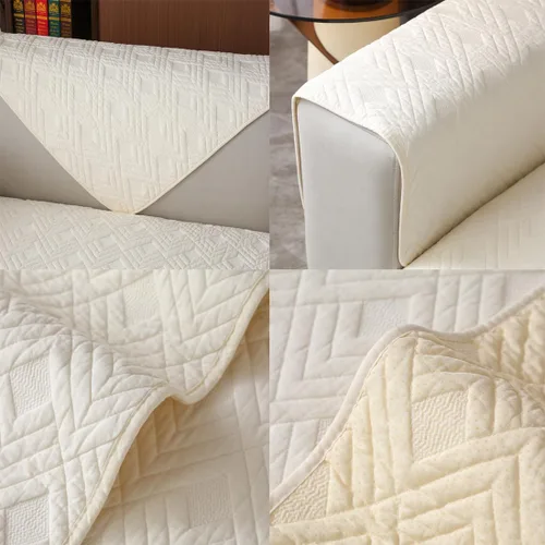 Miniatura 7 de vctops Funda acolchada geométrica para sofá modular de algodón, funda antideslizante en forma de L para niños y perros, respaldo y apoyabrazos, Beige
