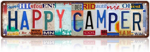 Vintage Happy Camper Decoración de pared Señales de calle Accesorios de camping Carteles de metal de la lata 16 x 4 pulgadas St-X-02