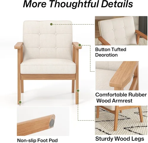Miniatura 8 de Silla decorativa moderna con reposabrazos, silla de ocio tapizada de tela de lino con botón de respaldo y marco de madera para sala de estar, Beige