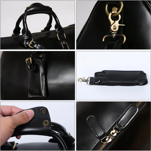 Miniatura 6 de Leathario Bolsa de viaje de cuero genuino para el fin de semana de la noche para los hombres, equipaje de mano, Negro-S, Pequeña, Vintage