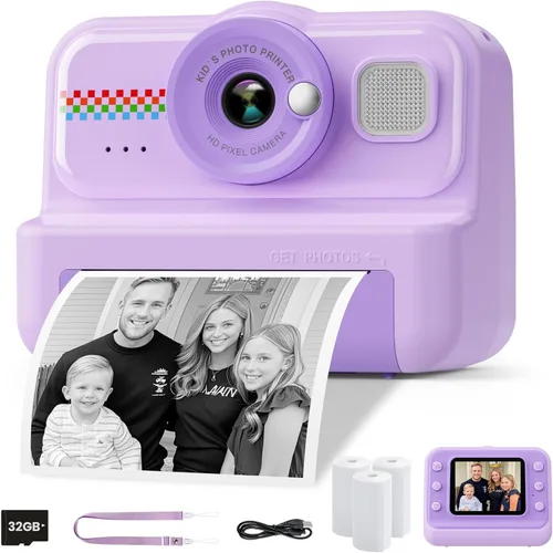 Miniatura 8 de Cámara de Impresión Instantánea HiMont para Niños, Cámara Digital HD 1080P para Niños con 3 Rollos de Papel de Impresión y Tarjeta de 32GB, Juguetes