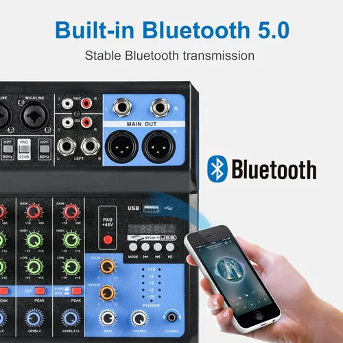 Miniatura 6 de Mezcladores DJ de 5 Canales Mesa de Mezcla de Audio con Bluetooth, Interfaz de Audio USB con Alimentación Phantom de 48V Mesa de Mezcla de Sonidos
