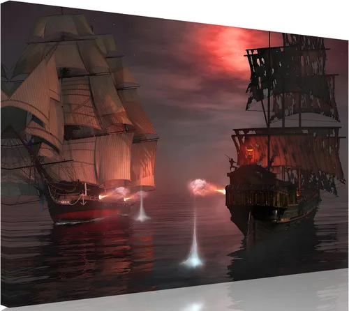 Miniatura 10 de TutuBeer 3 Piezas Arte de Pared Batalla Naval Barco Imagen Barco Pirata Velero Póster Barco Pirata Azul en Llamas Imagen Impresa en Lienzo Póster