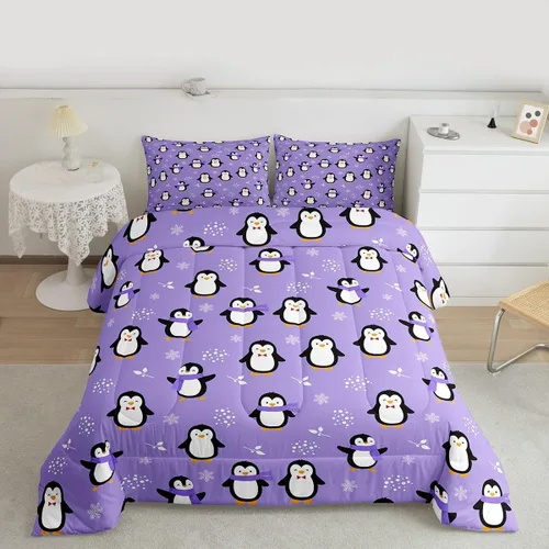 Juego de edredón de pingüino, tamaño matrimonial, edredón de plumón de pingüino kawaii, juego de ropa de cama de animales antárticos para niños,