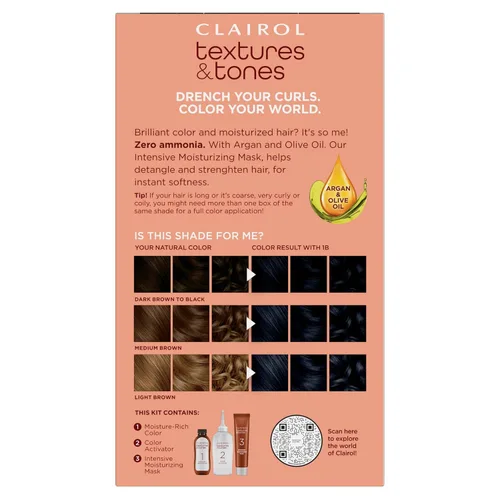 Miniatura 2 de Clairol Textures & Tones - Tinte permanente para el cabello, color de cabello negro sedoso 1B, paquete de 1 unidad 1B negro sedoso