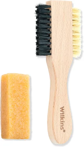 Wilkins Kit completo de limpieza de gamuza - Cepillo limpiador de zapatos de cerdas 2 en 1 con borrador de gamuza.