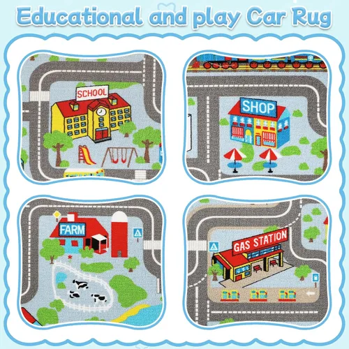 Miniatura 6 de Alfombra de juego para niños de 6.6 x 5.0 pies, alfombra azul para niños para autos de juguete, alfombra antideslizante de mapa de la ciudad