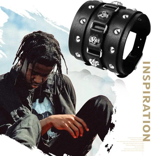 Miniatura 4 de Aroncent Pulsera de cuero con calavera: pulsera ancha con remache de metal, estilo de bicicleta punk rock, ajustable, pulsera gótica para hombre