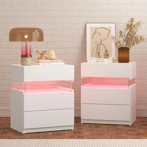 Miniatura 14 de Bingoday Moderna mesita de noche LED con 3 cajones, mesita de noche con luces LED ajustables, mesa auxiliar de almacenamiento grande para Blanco