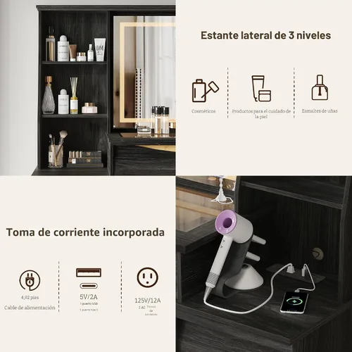 Miniatura 7 de Mesa de tocador STO'SENSE con espejo y luces, mesa grande de tocador de 137 cm con tapa de vidrio, cajón RGB, espejo con aumento y toma