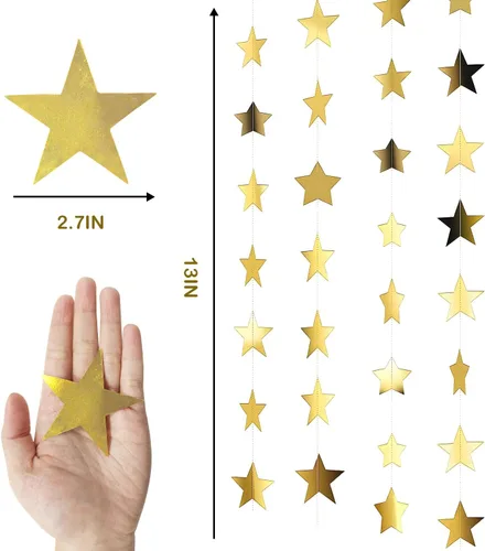 Miniatura 2 de Guirnalda de estrellas doradas con purpurina de 158 pies, 12 unidades, decoración reflectante de papel de estrella pequeña, decoración colgante