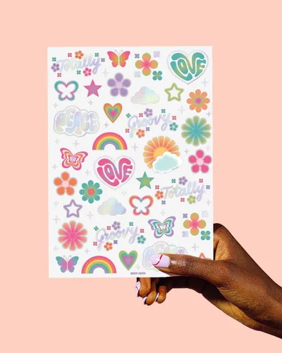 Miniatura 5 de xo, Fetti Tatuajes temporales Groovy Rainbow – 68 piezas de papel de aluminio iridiscente Accesorio de cumpleaños de los años 70, recuerdo