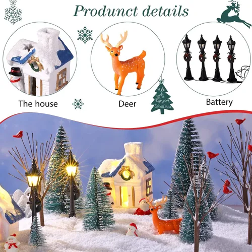 Miniatura 5 de Namalu Juego de 34 Piezas Casas de Pueblo Navideño, Juego de Accesorios Mini Árboles de Navidad, Santa, Muñeco de Nieve, Lámparas de Calle