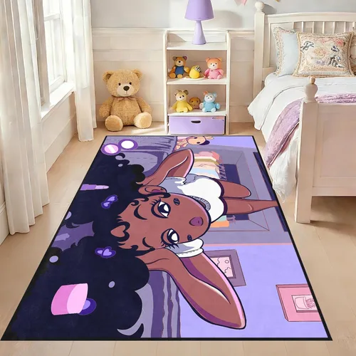 Miniatura 41 de Alfombra de área para dormitorio de niñas negras africanas, alfombra para sala de estar, sala de juegos, azul, lindo anime de dibujos animados