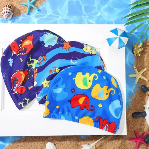 Miniatura 6 de Geyoga Gorros de natación para niños, 3 piezas, unisex, de poliéster, para piscina, gorra de verano para niños y niñas, pelo largo y corto