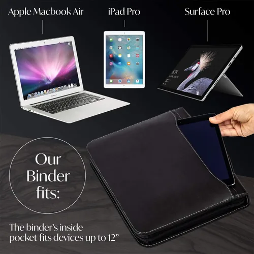 Miniatura 6 de Cartera profesional de cuero Carpeta con cremallera para entrevistas de negocios Organizador de 3 anillos para tabletas de hasta 13 pulgadas