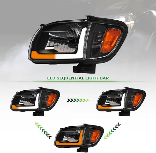 Miniatura 7 de 7422448547535 Compatible con Toyota Tacoma Switchback 2001-2004 Barra de tira LED secuencial de carcasa negra con luces de faro y lámparas