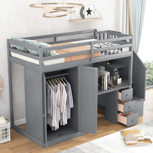 Miniatura 20 de Quarte Cama tipo loft única con cajones de almacenamiento y escaleras, cama alta de madera tamaño individual con estantes y barandillas, para niños