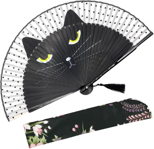 Miniatura 8 de OMyTea, abanico desplegable con motivo de flores de yuyos (8.27 pulgadas - 21 centímetros) con funda de tela para protección, estilo chino/japonés