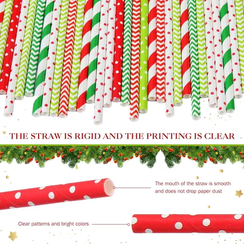 Miniatura 5 de 500 pajitas de papel de Navidad, 8 estilos, desechables, rojo y verde, rayas cheurón, bicolor, rayas, lunares, mezcla de pajitas para suministros