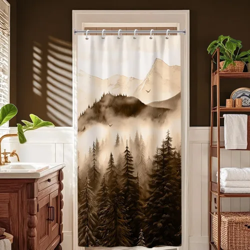 Miniatura 12 de Cortina de ducha pequeña en blanco y negro, juego de cortina de ducha de bosque brumoso para baño, impermeable, decoración de baño de montaña