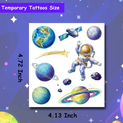 Miniatura 3 de 120 tatuajes temporales de galaxia con purpurina para niños y niños, 12 hojas de tatuajes del espacio exterior para niños, suministros de fiesta